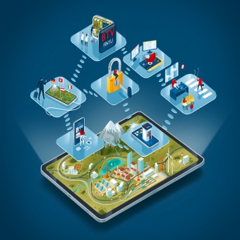 Illustration, auf der ein Tablet mit Landschaft sowie sieben Elemente zu sehen sind, die wichtige Aspekte eines Business Bankings darstellen.